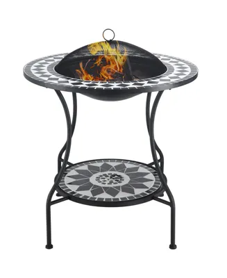 Outsunny 30" Outdoor Fire Pit & Ice Bucket & Side Table, Round Tile Tabletop, Steel Wood Burning Bowl, Spark Screen Lid for Patio, Backyard, Patio, Ga