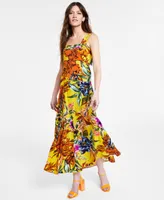 Vince Camuto Printed Square-Neck Smocked-Back Maxi Dress