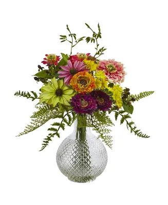 Nearly Natural Mixed Flower in Glass Vase