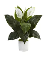 Nearly Natural Spathiphyllum Flowering Peace Lily Artificial Plant in Glossy Glass Planter