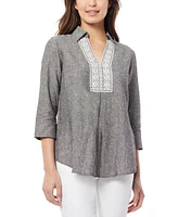 Jones New York Women's Lace Trim V-Neck High-Low Linen Tunic Blouse