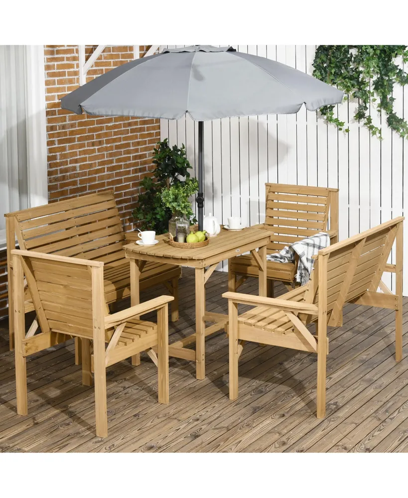 Outsunny 5 Piece Patio Furniture, 6 Seat Outdoor Dining Set, Natural Wood Dinner Table, 2 Chairs, Loveseats with Armrests & Umbrella Hole, Conversatio
