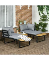 Outsunny 3 Piece Patio Furniture Set, Outdoor Sofa Set with Chaise Lounge & Loveseat, Soft Cushions, Woodgrain Plastic Table, L
