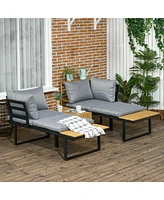 Outsunny 3 Piece Patio Furniture Set, Outdoor Sofa Set with Chaise Lounge & Loveseat, Soft Cushions, Woodgrain Plastic Table, L-Shaped Sectional Couch