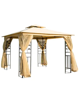Outsunny 10' x 10' Outdoor Patio Gazebo Canopy with 2-Tier Polyester Roof, Mesh Netting Sidewalls, and Steel Frame Beige