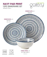 Tabletops Gallery Navy Pad Print 12 Pc. Dinnerware Set, Service for 4