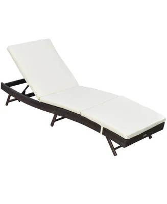 Outsunny Patio Chaise Lounge, Pool Chair with 5 Position Adjustable Backrest & Cushion, Outdoor Pe Rattan Wicker Sun Tanning Seat, White