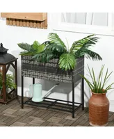 Outsunny Elevated Metal Raised Garden Bed with Rattan Wicker Look, Underneath Tool Storage Rack, Sophisticated Modern Design, Gray