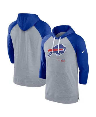 Men's Nike Heather Gray, Royal Buffalo Bills Raglan 3/4-Sleeve Pullover Hoodie