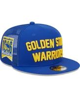 Men's New Era Royal Golden State Warriors Stacked Script 9FIFTY Trucker Snapback Hat