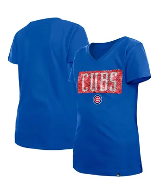 Big Girls New Era Royal Chicago Cubs Flip Sequin Team V-Neck T-shirt