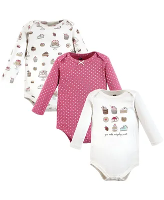 Hudson Baby Girls Cotton Long-Sleeve Bodysuits, Sweet Bakery 3-Pack