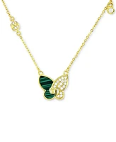 2-Pc. Set Lab-Grown Malachite & Cubic Zirconia Butterfly Pendant Necklace Matching Ring 14k Gold-Plated Sterling Silver