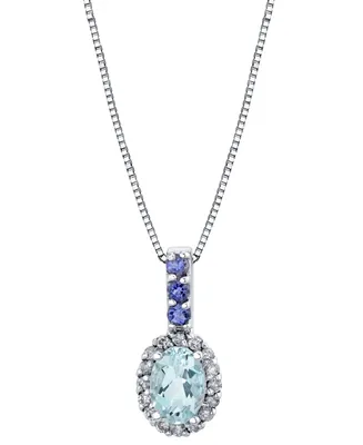 Aquamarine (3/4 ct. t.w.), Iolite (1/6 ct. t.w.) & Diamond (1/6 ct. t.w.) Halo 18" Pendant Necklace in 14k White Gold