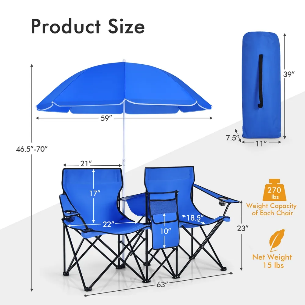 Portable Folding Picnic Double Chair W/Umbrella Table