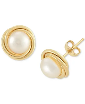 Cultured Freshwater Pearl (6mm) Love Knot Stud Earrings in 14K Gold