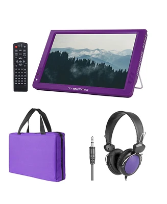 Trexonic Portable Rechargeable 14" Led Tv with Carry Bag and Headphones in Purple