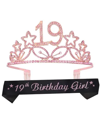 19th Birthday Sash and Tiara for Women - Fabulous Set: Glitter Sash + Stars Rhinestone Pink Premium Metal Tiara, 19th Birthday Gifts for Women Party