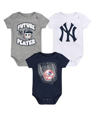 Newborn and Infant Boys Girls Heather Gray, Navy, White New York Yankees Minor League Player Three-Pack Bodysuit Set