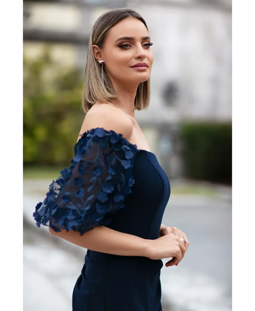 Xscape Off-The-Shoulder Floral-Sleeve Gown