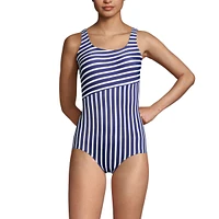 Lands' End Women's Long Scoop Neck Soft Cup Tugless Sporty One Piece Swimsuit Print