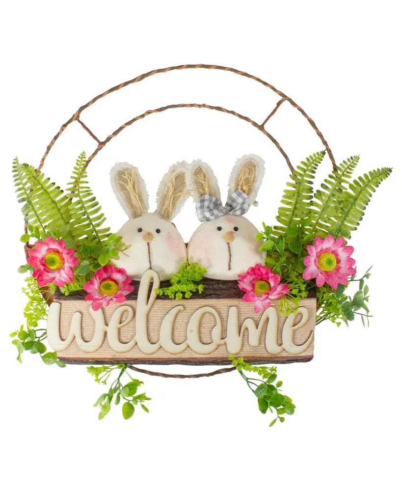 Rabbit Couple Floral Springtime "Welcome" Wreath 19" Unlit