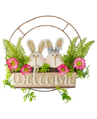 Rabbit Couple Floral Springtime "Welcome" Wreath 19" Unlit