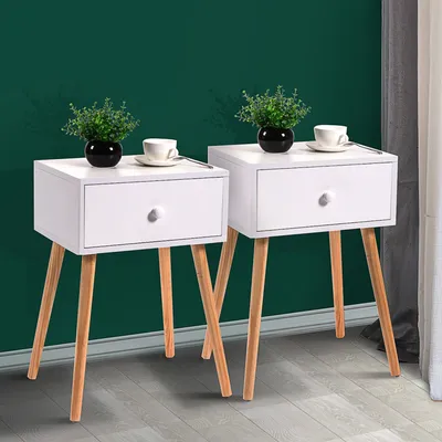 Set of 2 Wood Nightstand with Storage Drawer and Solid Wood Leg, Modern End Table for Living Room Bedroom Home Furniture, White + Brown