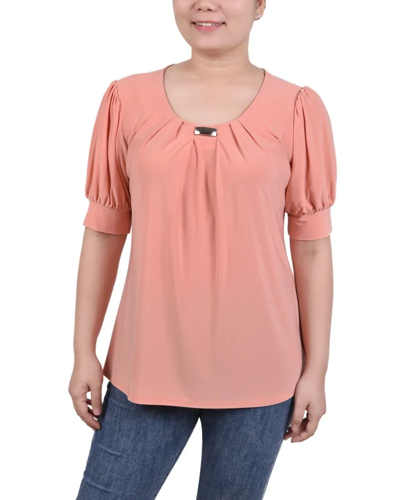 Ny Collection Women's Short Balloon Sleeve Top with Hardware