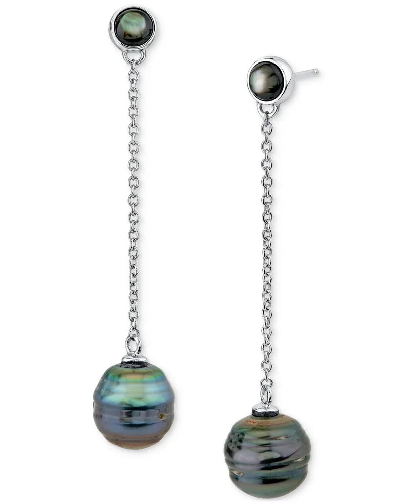 Cultured Tahitian Baroque Pearl (10mm) & Black Mother Of Pearl Chain Drop Earrings in Sterling Silver