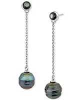Cultured Tahitian Baroque Pearl (10mm) & Black Mother Of Pearl Chain Drop Earrings in Sterling Silver