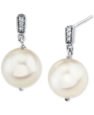 Cultured Freshwater Pearl (9mm) & Diamond Accent Drop Earrings in Sterling Silver
