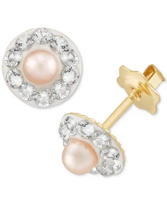 Children's Pink Cultured Freshwater Pearl (2-3/4mm) & Crystal Halo Stud Earrings in 14k Gold