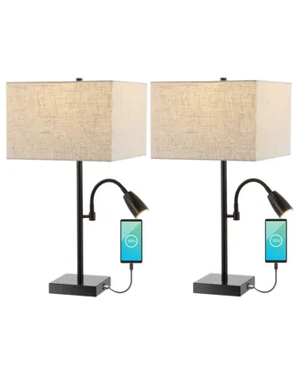 Austin 25.5" 2-Light Farmhouse Industrial Iron Led Table Lamp with Usb Charging Port and Adjustable Reading Light, Set of 2