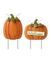 Glitzhome Fall Metal Embossed Glitter Pumpkin Yard Stake Or Porch Decor, Set of 2