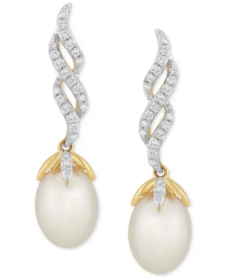 Honora Cultured Freshwater Pearl (7 - 7 1/2mm) & Diamond (1/5 ct. t.w.) Twist Drop Earrings in 10k Gold