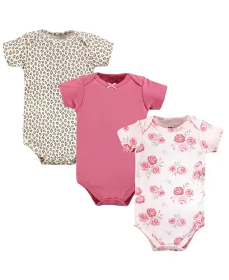 Hudson Baby Girls Cotton Bodysuits, Blush Rose Leopard, 3-Pack