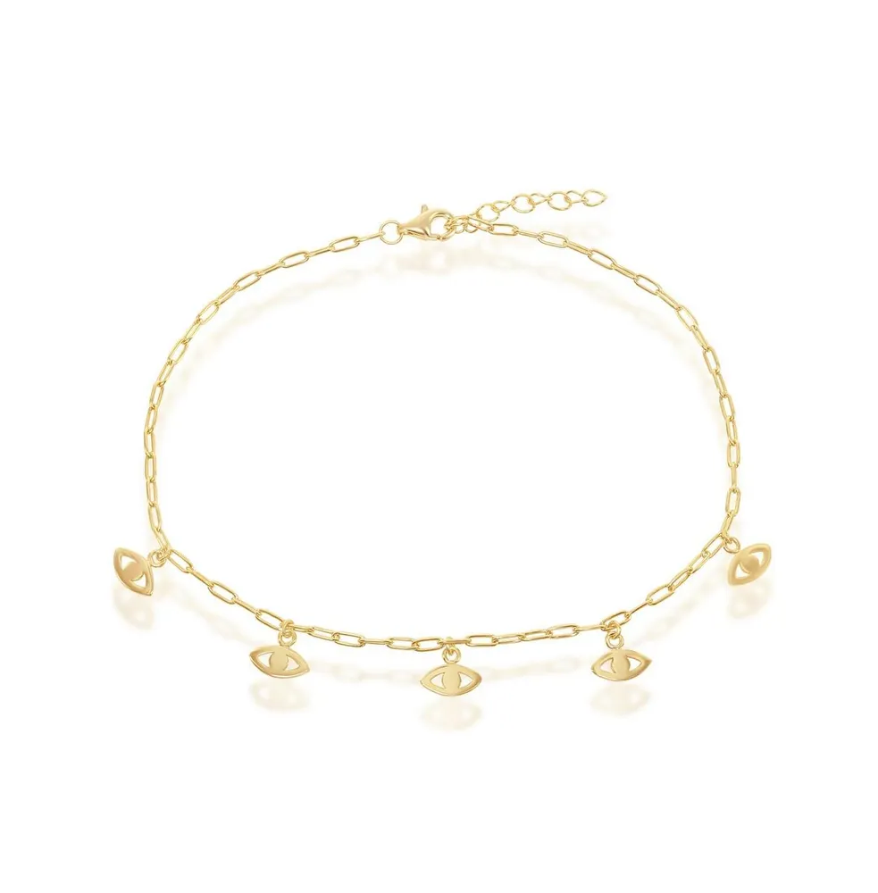 Sterling Silver Evil Eye Charms Paperclip Anklet - Gold Plated