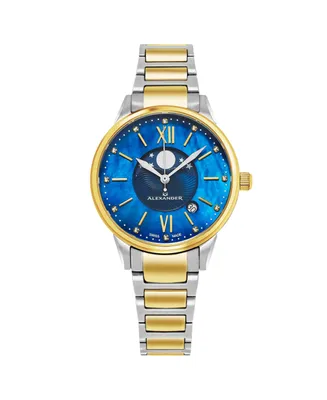 Alexander Ladies Quartz Moonphase Date Watch with Yellow Gold Tone Stainless Steel Case on Yellow Gold Tone Stainless Steel and Stainless Steel Bracel