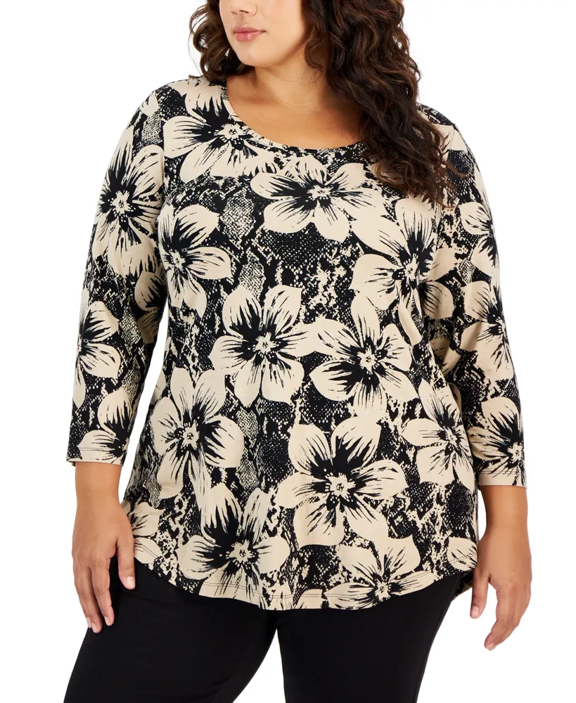 Jm Collection Plus Floral-Print 3/4-Sleeve Top, Created for Macy's