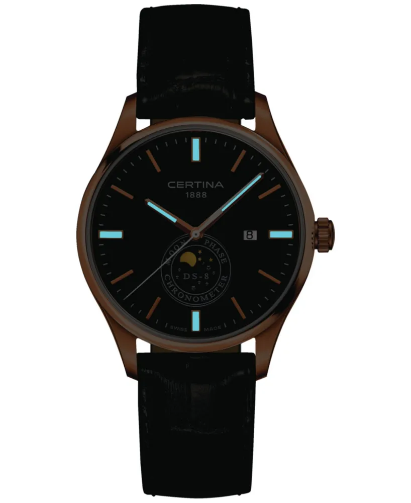 Certina Men's Swiss Ds-8 Moon Phase Black Leather Strap Watch 41mm