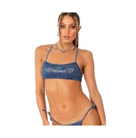 Women's Denim Bikini Top With Angel Diamonds