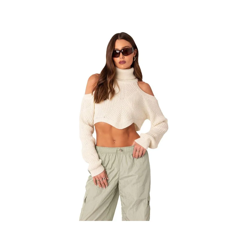 Women's Shoulder Cutout Turtleneck Crop Sweater