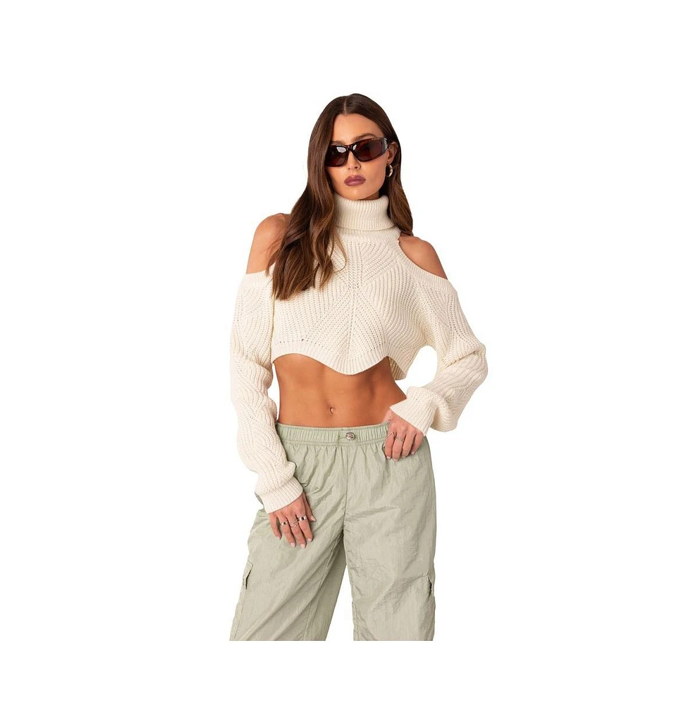 Women's Shoulder Cutout Turtleneck Crop Sweater