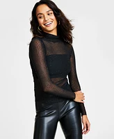 Bar Iii Women's Sheer Mock-Neck Rhinestone Top, Created for Macy's