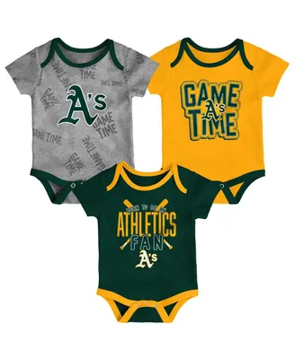 Newborn and Infant Boys Girls Oakland Athletics Green, Gold, Heathered Gray Game Time Three-Piece Bodysuit Set