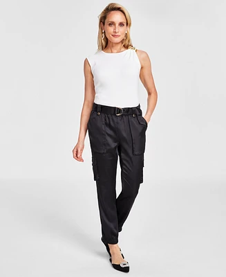 I.n.c. International Concepts Women's Petite High-Rise Belted Satin Cargo Pants