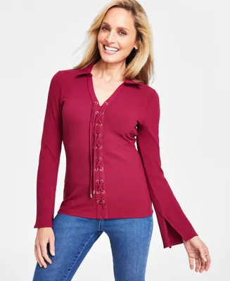 I.n.c. International Concepts Women's Ribbed Lace-Up Top, Created for Macy's