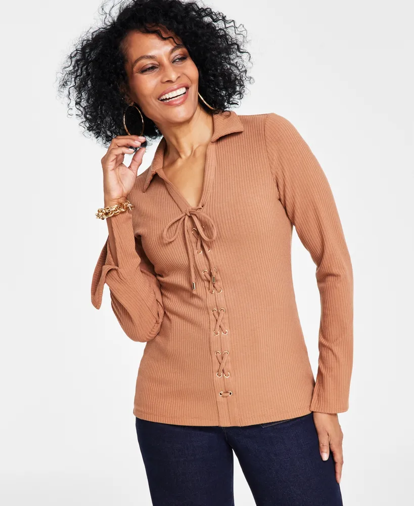 I.n.c. International Concepts Women's Ribbed Lace-Up Top, Created for Macy's
