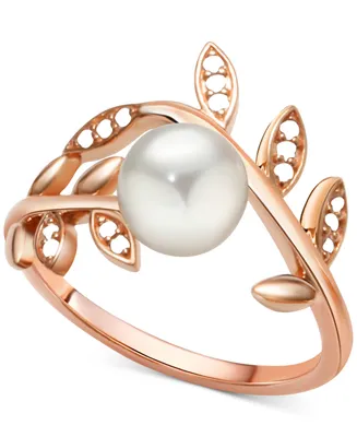 Cultured Freshwater Pearl (6mm) & White Zircon (1/6 ct. t.w.) Vine Ring in 14k Rose Gold-Plated Sterling Silver